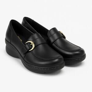 Clarks Bendables 9M Women Black Leather Buckle Lexi Icey Wedge Heel Loafer Shoes